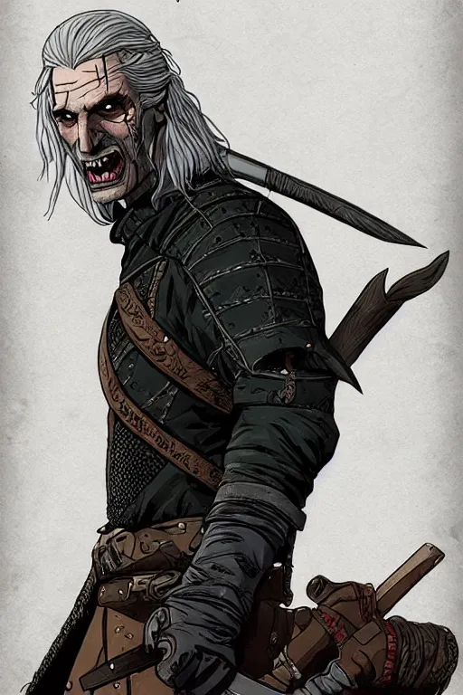 Image similar to geralt of rivia in sleepy hollow, full body, big two toned eyes, teeth gritted, horror, intricate details, cinematic, epic, realistic, anatomy, tomer hanuka, uplight, artstation, photorealistic, scary