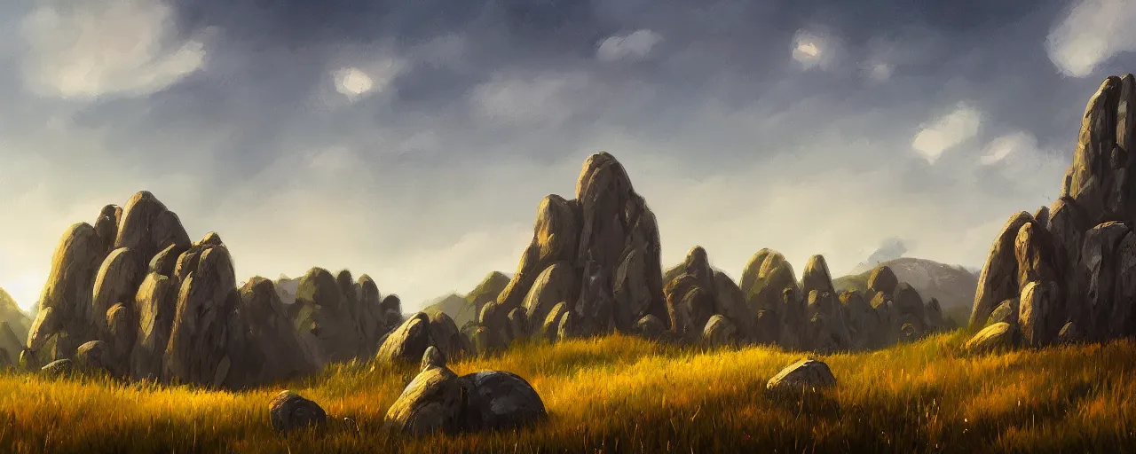 Image similar to a meadow hill landscape with tall stones on the top forming a circle, by anato finnstark