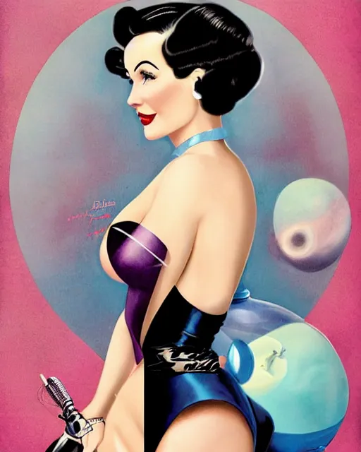 Prompt: retrofuturistic pinup model dita von teese as a varga girl posing on a space ship, in the style of anna dittmann and gil elvgren and alberto vargas.