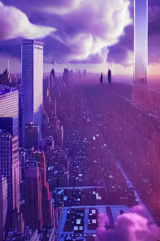 Prompt: a futuristic photo - realistic new york city in shiny crystalline, octane render, clouds : 5, violet sun : 9, purple lightening : 1 2, in the style of sahm : 2 8 hd, ultra - realistic, hyper - realistic, digital art,