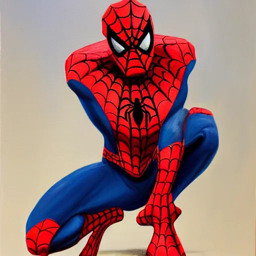 Image similar to spiderman kneels, praying to spider god, oil painting