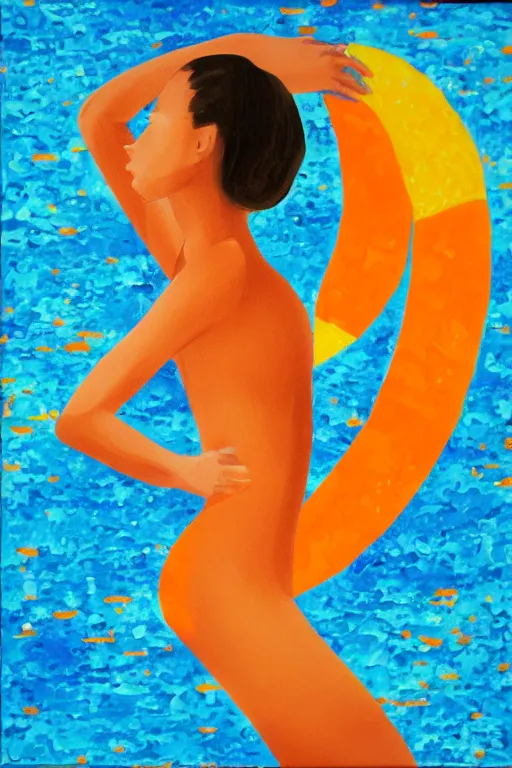 Image similar to a Acrylic painting of a girl ,summer ,water,wave , orange and orange slices,blue theme and Yellow accents,Colour composition by Kenya Hara