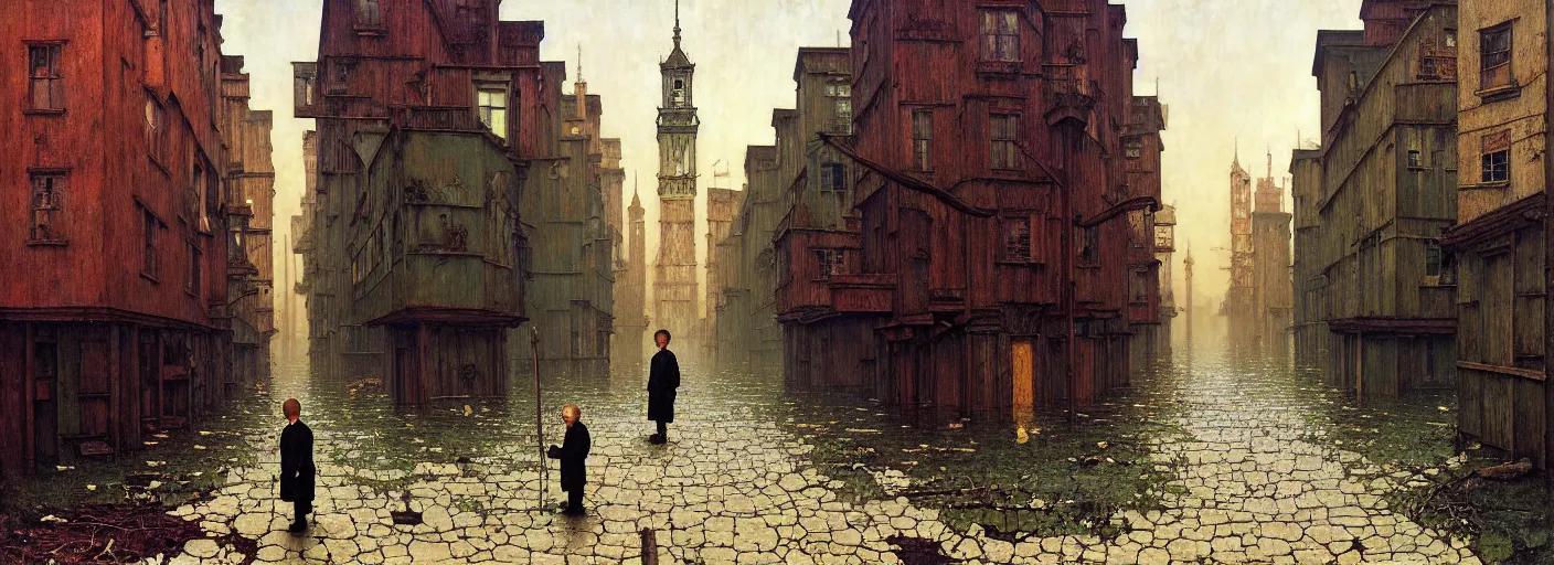 Image similar to flooded old wooden empty cursed city street, very coherent and colorful high contrast masterpiece by norman rockwell franz sedlacek rene magritte gediminas pranckevicius, full - length view, dark shadows, sunny day, hard lighting, reference sheet white background