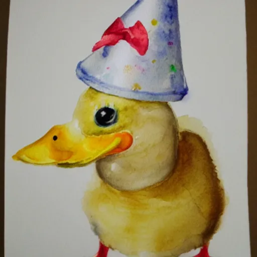 Image similar to watercolor yellow duck with party hat and middle finger pointing up, white background, highly detailed, art,