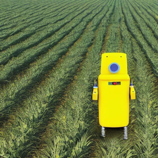 Prompt: a photo of a yellow farming robot wearing a straw hat and blue overalls in the corn field, robots, humanoid, chappie, farming, photorealistic, 8 k