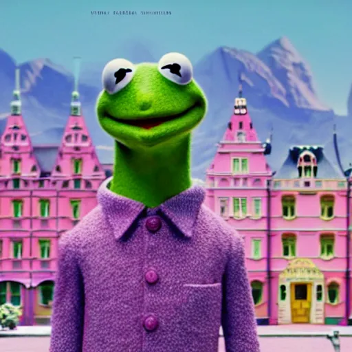 Prompt: a film still of kermit the frog in grand budapest hotel directed by wes anderson 2 0 1 4, pastel colors, 4 k, hd
