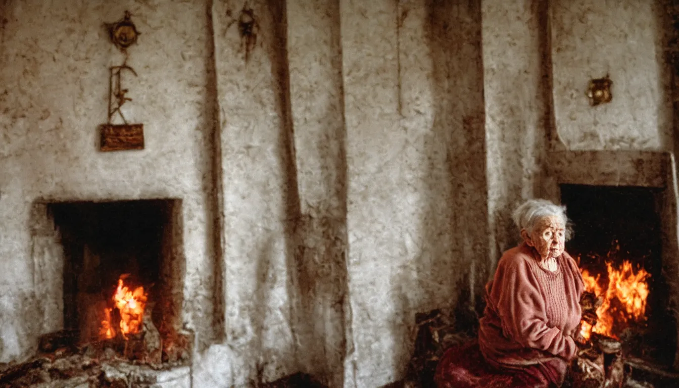 Prompt: in a frozen old living room a close up portrait of a solitary old underweight lady is cold, in the fireplace burning money floats in the air, hyper realistic photo, full colour, kodak porta 4 0 0, upscale, 8 k, masterpiece,