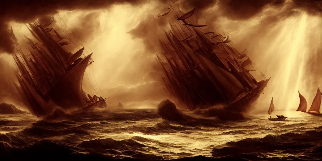 Prompt: Odysseus's ship sailing past the gates of Hell, by Rolf Armstrong and Evelyn De Morgan and Bastien Lecouffe-Deharme, dramatic lighting, high contrast colors, baroque, empyrean, panoramic view, as trending on Artstation, highly detailed, doom engine,