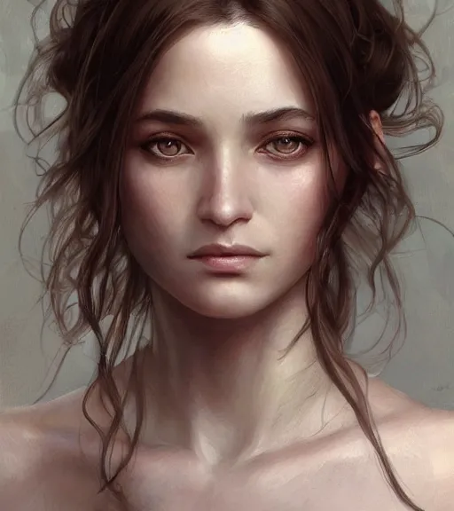 Prompt: portrait of a young woman, soft features, muscular, half body, cloth, hazel eyes, short brown hair, back light, d & d, fantasy, intricate, highly detailed, digital painting, artstation, concept art, smooth, sharp focus, illustration, art by artgerm and greg rutkowski and alphonse mucha