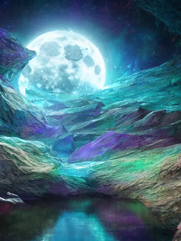 Image similar to a ultradetailed beautiful concept art of the crystal formation of the prismatic crystal of hope is filled with the wonderful colors of the emotion around it in a forgotten cave lighten by the moon light and reflecting on the surface of a quiet lake, concept art, high resolution 4 k, by artgeem