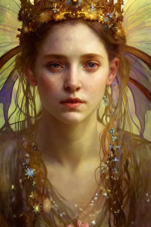 Image similar to hyperrealist portrait of a fairy girl emperorit is decorated with long robes that fall like stars and wears a huge crown. by jeremy mann and alphonse mucha, fantasy art, photo realistic, dynamic lighting, artstation, poster, volumetric lighting, very detailed faces, 4 k, award winning