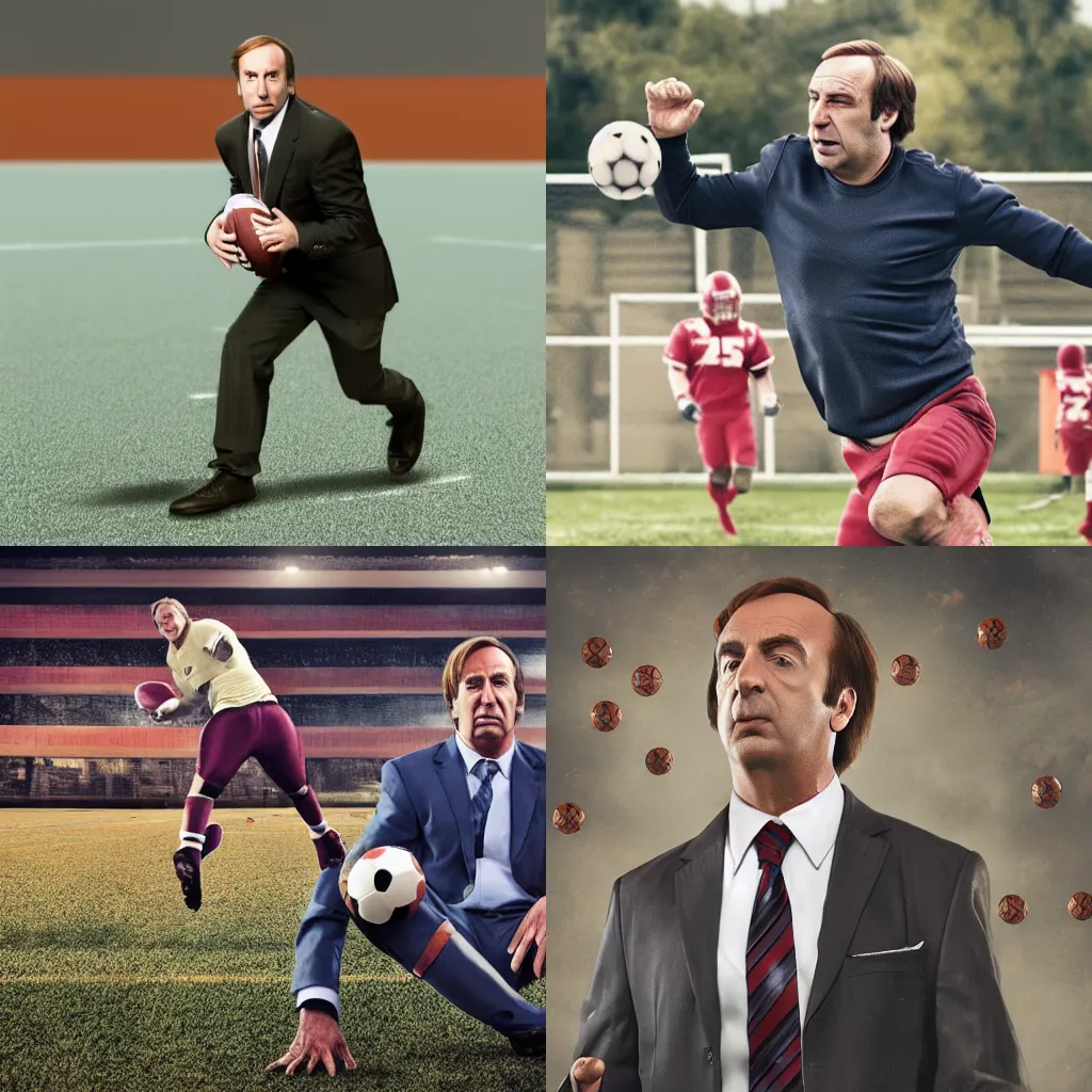 Prompt: Saul Goodman playing football, 4k, photorealistic