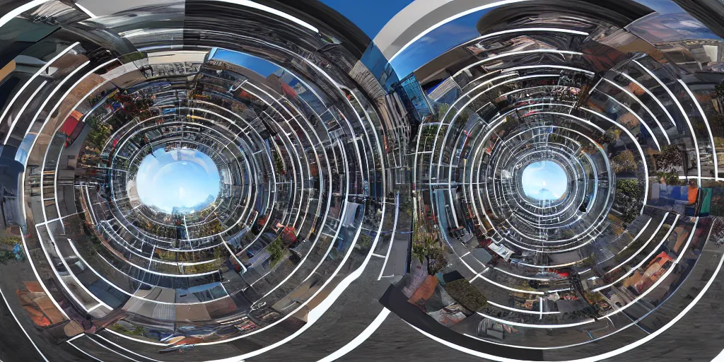 Image similar to equirectangular 360 vr urban street twisted into spiral, highly detailed, photorealistic, reflections, smooth, sharp focus, concept art, illustration, beautiful, geometric, trending on artstation, cinematic, featured on behance , artwork by WLOP and Tran, Ross