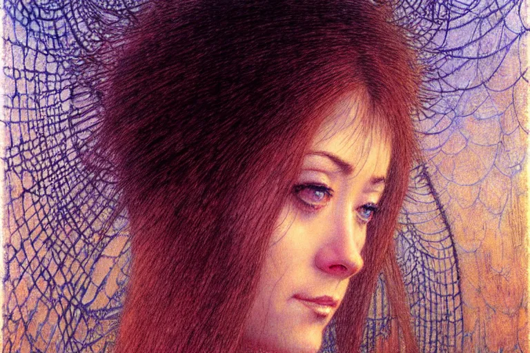 Image similar to cute young alyson hannigan with short hairs in cobweb by jean delville by luis royo and wayne barlowe, beksinski