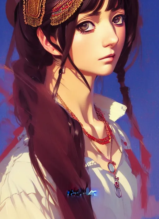 Image similar to a comic portrait of an gypsy girl, fine - face, realistic shaded perfect face, fine details, jewelry, night setting. very anime style. realistic shaded lighting poster by ilya kuvshinov katsuhiro, magali villeneuve, artgerm, jeremy lipkin and michael garmash, rob rey and kentaro miura style, trending on art station