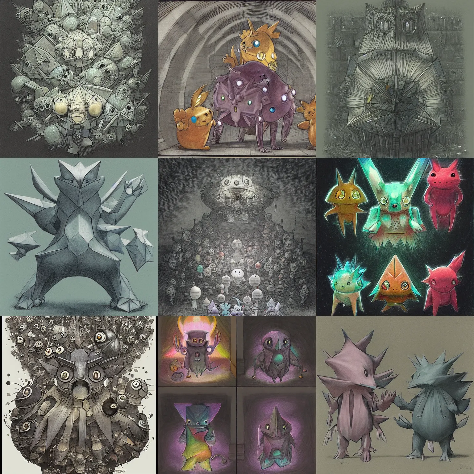 Prompt: chromatic crystal pokemon by shaun tan, style of john kenn mortensen, style of gustave dore