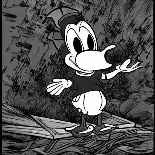 Prompt: donald duck in berserk, single frame, black and white, highly detailed, in the style of kentaro miura, gritty