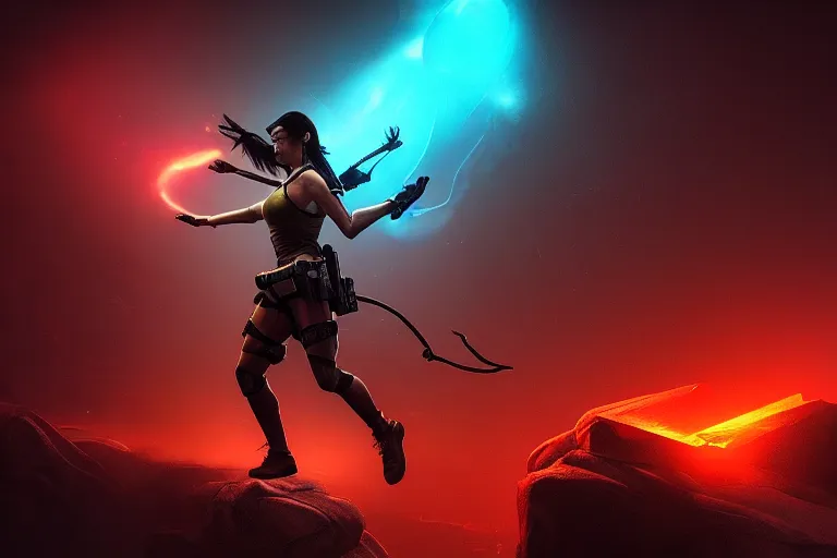 Image similar to wide ((wide)) photo of beautiful Lara croft (((dynamic neon lighting)) in geometric solar temple with glowing birds, elegant, highly detailed, sharp focus, illustration, beautiful, geometric, trending on artstation, battlefield, cinematic, artwork by Tran, Ross and Aivazovsky, Ivan