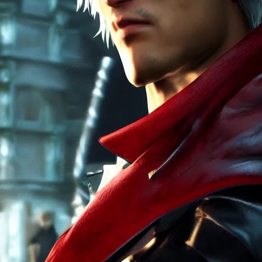 Image similar to portrait of dante from devil may cry, medium length hair, high quality, unreal engine, highly detailed face, sharp focus, depth of field, ambient lighting, ray tracing, 4k, hdr, artstation trending,