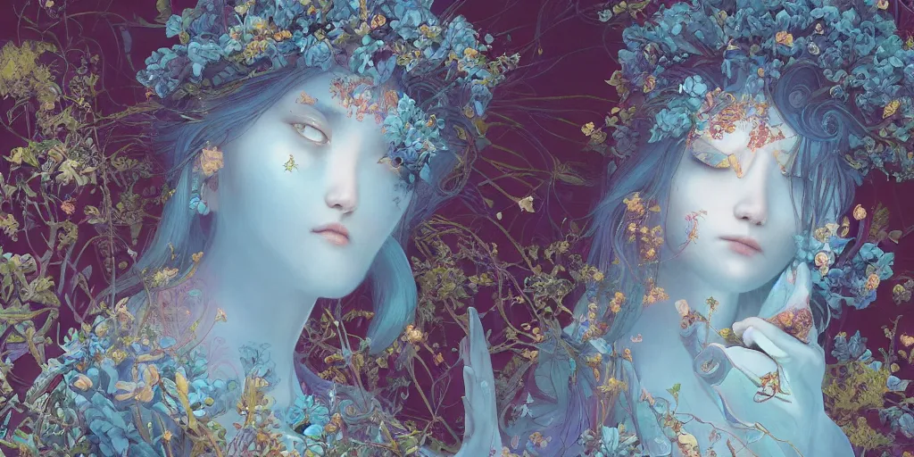 Prompt: breathtaking detailed concept art painting of the in love goddess of light blue flowers, orthodox saint, with anxious, piercing eyes, ornate background, amalgamation of leaves and flowers, by Hsiao-Ron Cheng, James jean, Miho Hirano, Hayao Miyazaki, extremely moody lighting, 8K