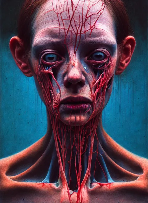 Image similar to there is ugliness in beauty, but there is also beauty in ugliness detailed portrait painting inspired by beksinski and alex gray, accurate anatomy, anamorphic lens, anamorphic lens flares, kodakchrome, cinematic composition, award winning photo, by jenny saville, gaspar noe and christopher doyle 8 k