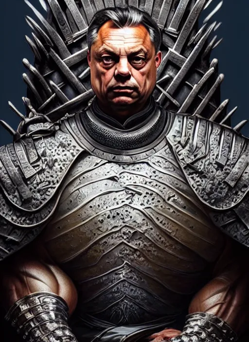 Image similar to portrait of viktor orban with synthol muscles sitting on the iron throne, d & d, muscular! fantasy, intricate, elegant, highly detailed, digital painting, artstation, concept art, smooth, sharp focus, illustration, art by artgerm and greg rutkowski and alphonse mucha