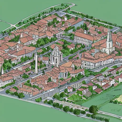 Image similar to an axonometric of albi, city from the south of france, highly detailed,