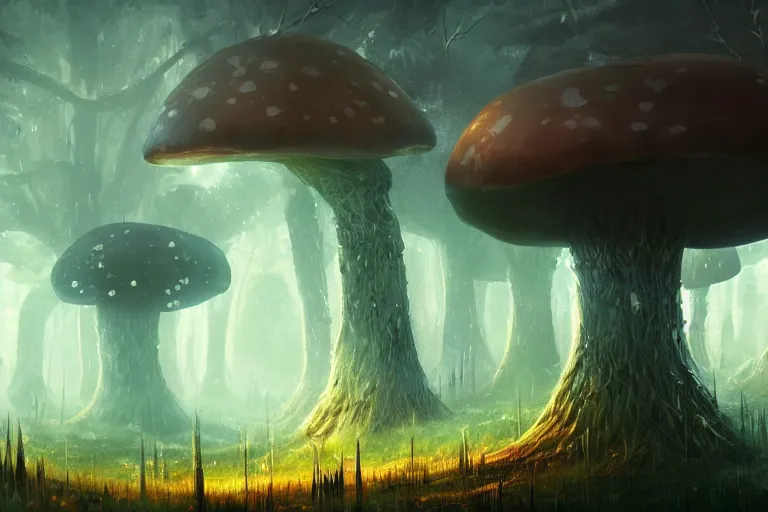 Image similar to a giant mushroom forest in the style of Anato Finnstark concept art, 4K, UHD, High quality, Trending on Artstation HQ