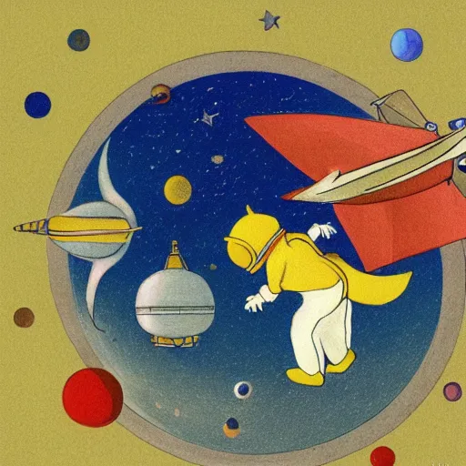 Prompt: the little prince on a little planet floating in space, illustration by antoine de saint - exupery