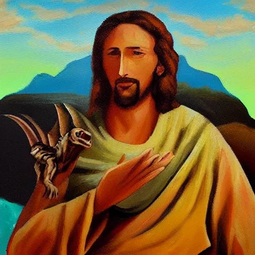 Prompt: “painting of Jesus riding a dinosaur”