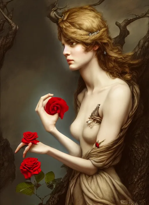 Image similar to a bird with hands holds a rose, hyperrealism, no blur, 4 k resolution, ultra detailed, style of tyler edlin, tom bagshaw, arthur rackham, ivan shishkin