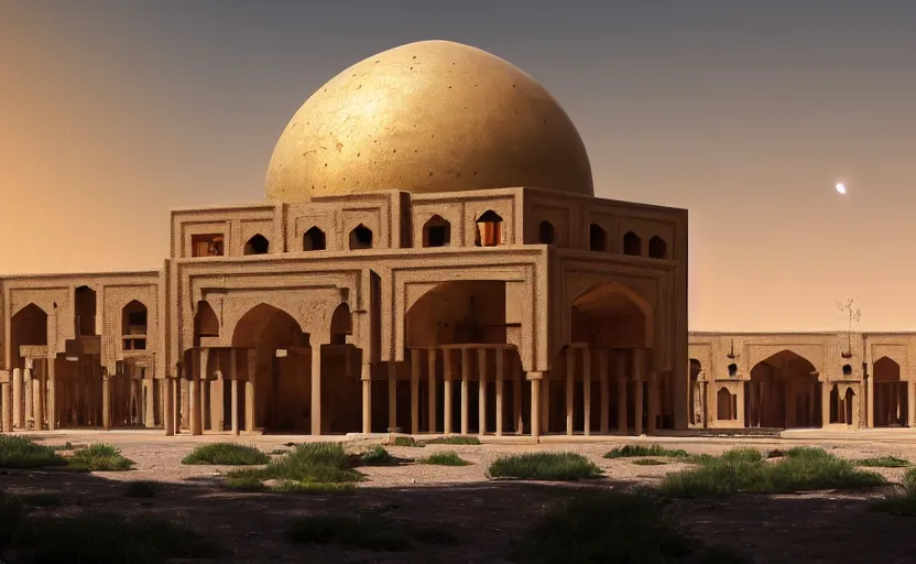 Prompt: exterior shot of utopian ancient persian architecture with cinematic lighting by peter zumthor and renzo piano, darek zabrocki and greg ruthkowski, simon stalenhag, cinematic, holy place, paradise, scifi, futurism, atmospheric, concept art, artstation, trending on artstation