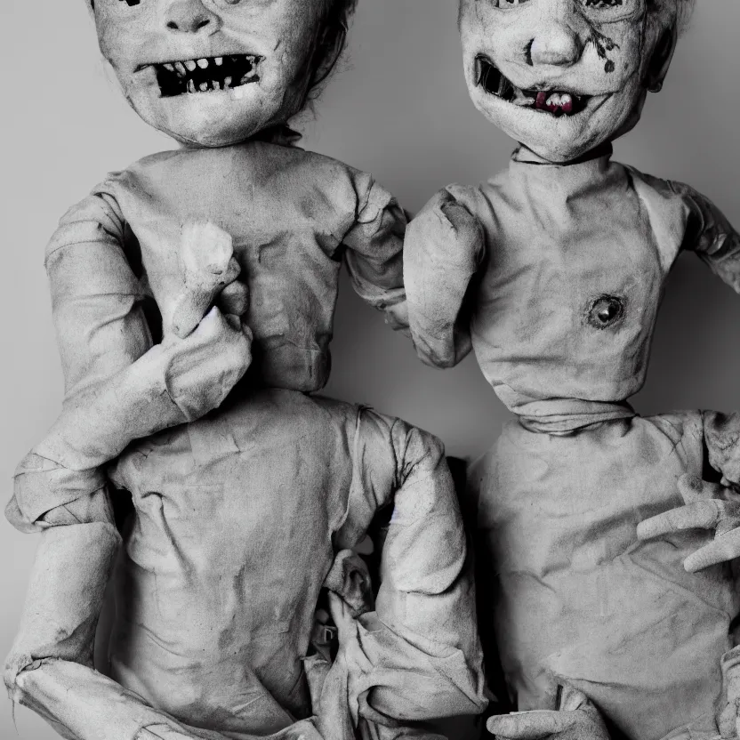 Prompt: creepy ventriloquist dummy in the style of roger ballen, 4 k, bw, portrait