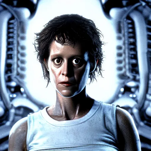 Image similar to a portrait of ellen ripley in alien, filmstill in the movie alien, ultrafine hyperdetailed illustration by kim jung gi, masterpiece. rendered in blender, smooth shadows, ultra detail, high resolution, unreal 6, 8 k