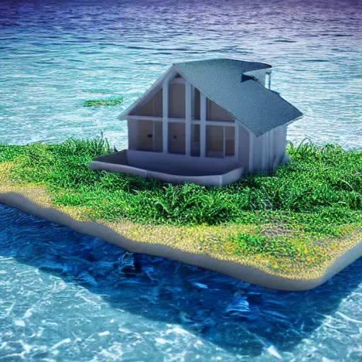 Prompt: “ a realistic model of a house floating on the beach of miami, 8 k render ”