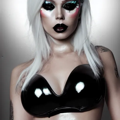 Image similar to modeling photograph kerli koiv in latex bikini, blonde, beautiful, dark, mysterious, bubble goth makup, detailed symmetrical face, dramatic darkroom lighting high exposure