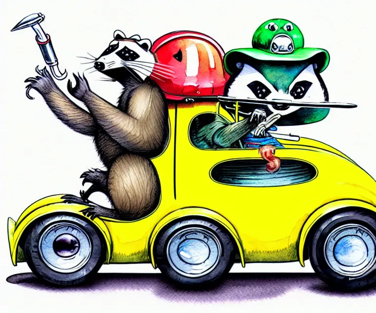 Image similar to cute and funny, racoon smoking wearing a helmet riding in a tiny hot rod coupe with oversized engine, ratfink style by ed roth, centered award winning watercolor pen illustration, isometric illustration by chihiro iwasaki, edited by range murata