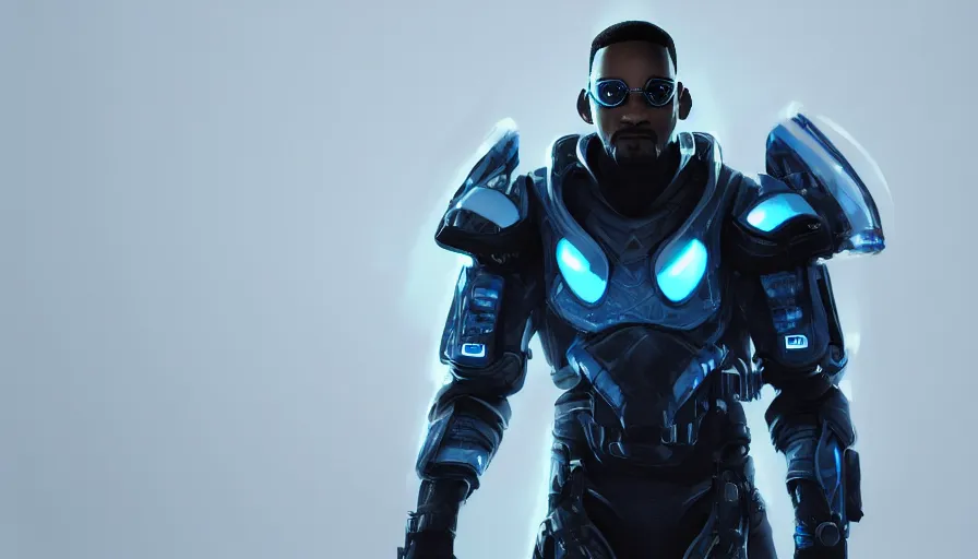 Prompt: will smith in futuristic black armor with blue lights in it, white background, hyperdetailed, artstation, cgsociety, 8 k