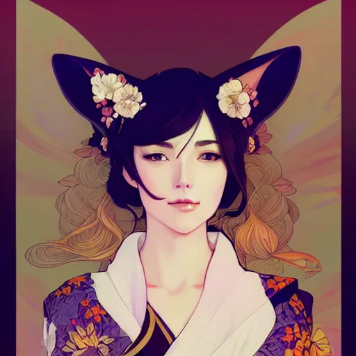 Image similar to A beautiful woman with fox ears who wears kimono, highly detailed, digital painting, artstation, concept art, smooth, sharp focus, illustration, art by artgerm and alphonse mucha, high definition digital art, in the style of Ross tran and ilya kuvshinov