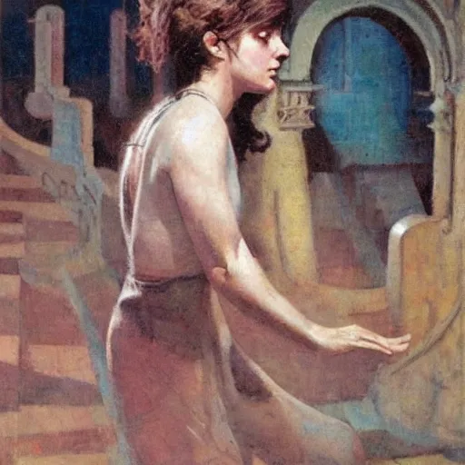 Prompt: young girl lost in a labyrinth, by dean cornwell,