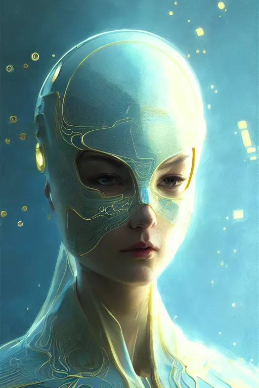 Image similar to detailed portrait glam cyber noun, attractive feminine curves, intricate, scifi, futuristic, elegant cape, elegant, alien room background, white, blue, gold, photorealism, intricate line drawings, by craig mullins, ruan jia, kentaro miura, greg rutkowski, loundraw