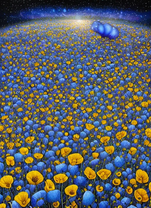 Image similar to detailed, intricate blue black and purple papaverum flower on the field, nebula, galaxy in the sky, winning award masterpiece, fantastically beautiful, illustration, aestheticly inspired, jacek yerka, upscale with anguissola sofonisba work, artstation, 8 k