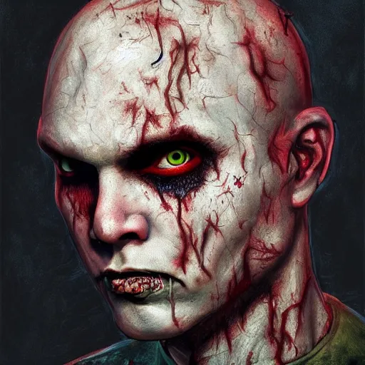 Image similar to color head portrait of young and youthful billy corgan as a zombie, 7 days to die zombie, gritty background, fine art, award winning, intricate, elegant, sharp focus, cinematic lighting, digital painting, 8 k concept art, art by michael hussar, art by brom, art by guweiz and z. w. gu, 8 k
