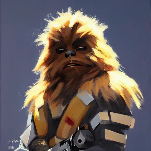 Image similar to greg manchess portrait painting of chewbacca as overwatch character, medium shot, asymmetrical, profile picture, organic painting, sunny day, matte painting, bold shapes, hard edges, street art, trending on artstation, by huang guangjian and gil elvgren and sachin teng