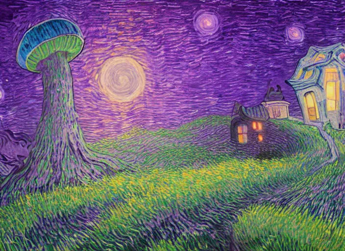 Image similar to detailed painting of a mysterious house inside a giant purple mushroom, mystical dark purple alien landscape at night, dark purple sky, blue bioluminescent life, in the style of studio ghibli and vincent van gogh and claude monet