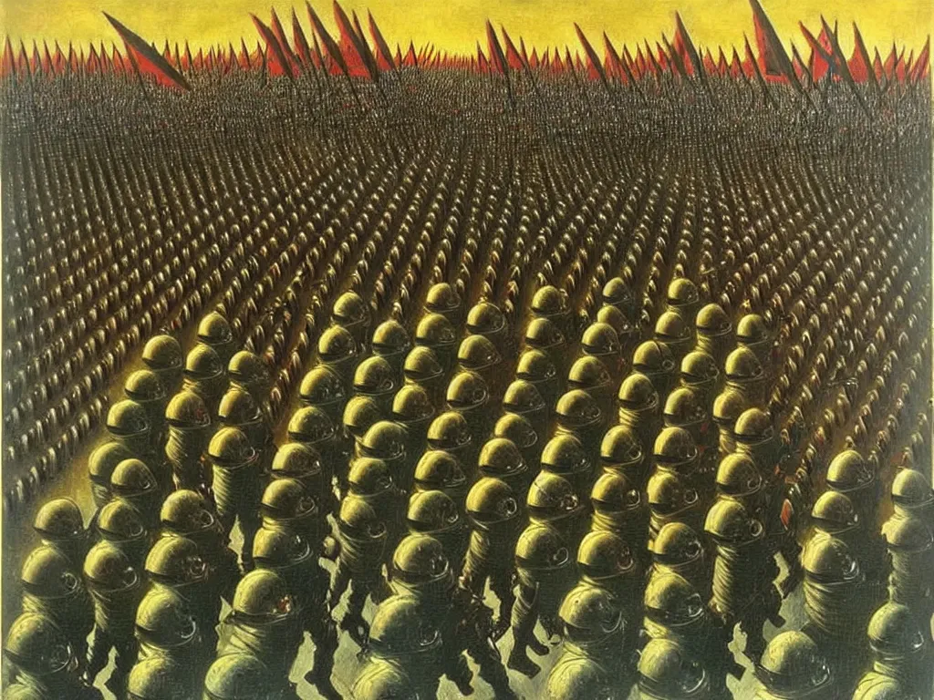 Image similar to armies marching into battle, futuristic alternate timeline, communist hordes, art by max ernst