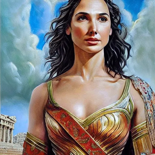 Image similar to Full body oil painting of the beautiful woman Gal Gadot, she is wearing some withe ancient roman cloths and a surreal ornate, her hair is natural disheveled, she is approaching heaven, she is in the Parthenon in Athens while people are claiming for her, she is attracting lightnings, naturalism, dramatic lighting, high-detailed oil painting by Ilya Repin, Michelangelo da Caravaggio, William Blake, Alex Grey and Beksinski, trending on Artsatio, hystorical painting, masterpiece, 4k, 8k,