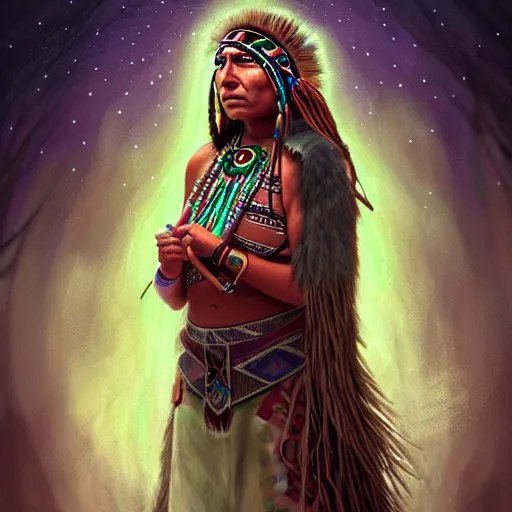 Image similar to : female native american shaman, fantasy magic, celtics, ireland, intricate, sharp focus, illustration, highly detailed, digital painting, concept art, matte, jahbu art ancient, cosmos, cosmic
