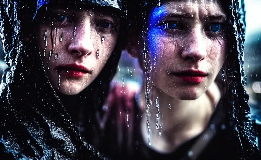 Image similar to cinestill 5 0 d candid photographic portrait by christopher nolan of two loving female androids sobbing wearing rugged black mesh techwear in treacherous waters, extreme closeup, modern cyberpunk moody emotional cinematic, pouring iridescent rain bright spotlight, 8 k, hd, high resolution, 3 5 mm, f / 3 2, ultra realistic faces, ex machina