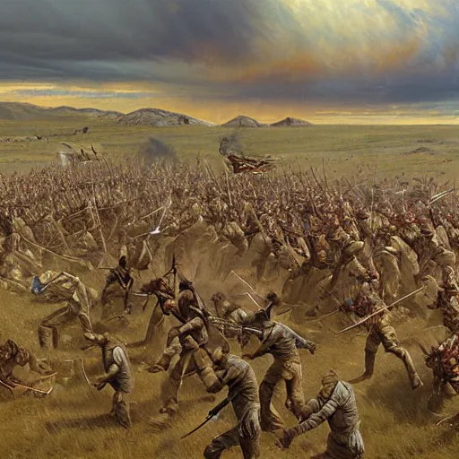 Prompt: the battle of the little bighorn. trending on artstation, by ted nasmith